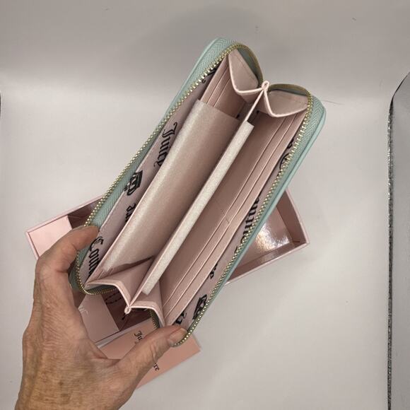 New! JUICY COUTURE Wallet Tied with a Bow Zip Around - Teal Velour - Picture 3 of 5